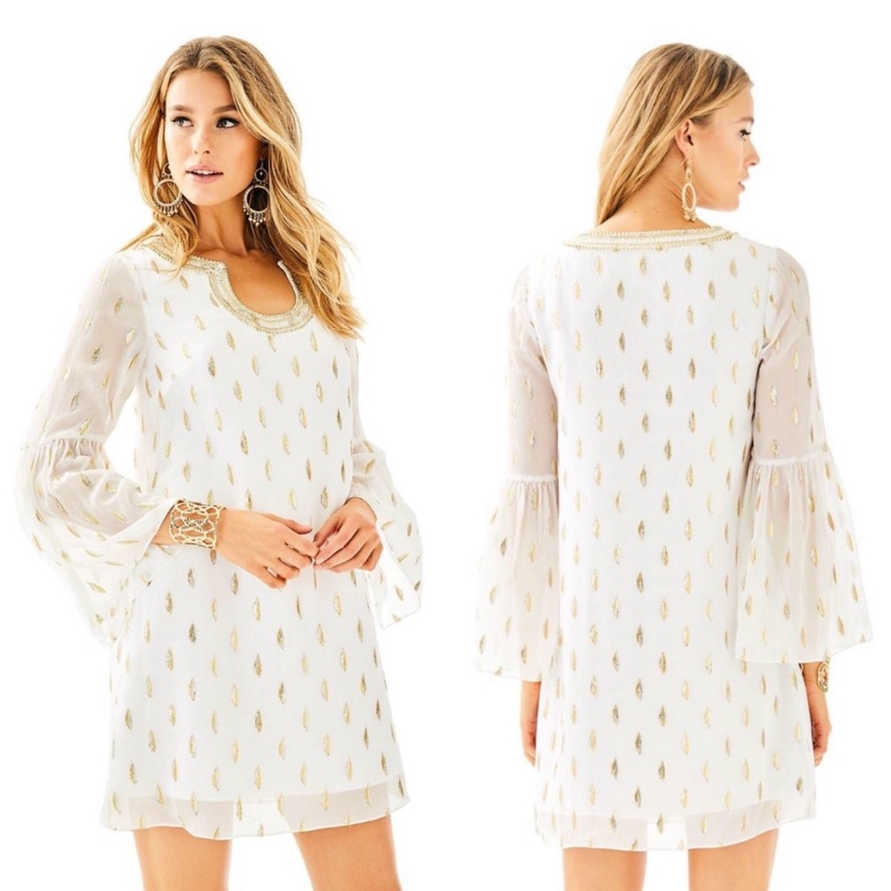 Lily Pulitzer White and Gold Women's Dress - Size 4